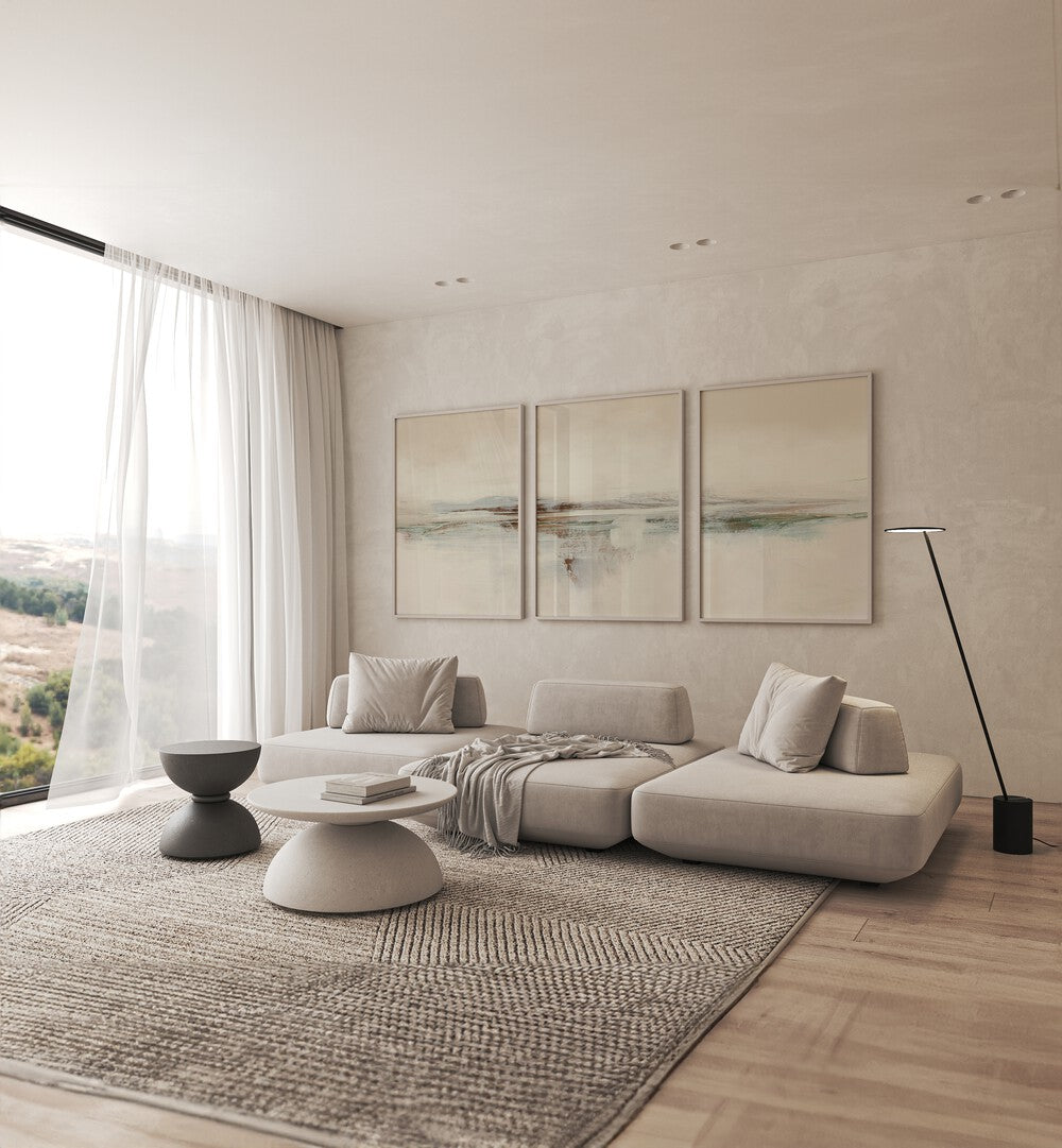 Transform your space with the SUNSET ABSTRACTION SET, SET OF 3 PAINTINGS, featuring serene sunset hues.