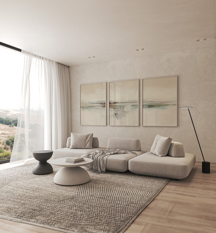 Transform your space with the SUNSET ABSTRACTION SET, SET OF 3 PAINTINGS, featuring serene sunset hues.