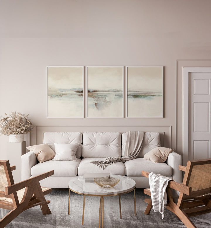 Enhance your decor with the SUNSET ABSTRACTION SET, SET OF 3 PAINTINGS featuring serene sunset hues.