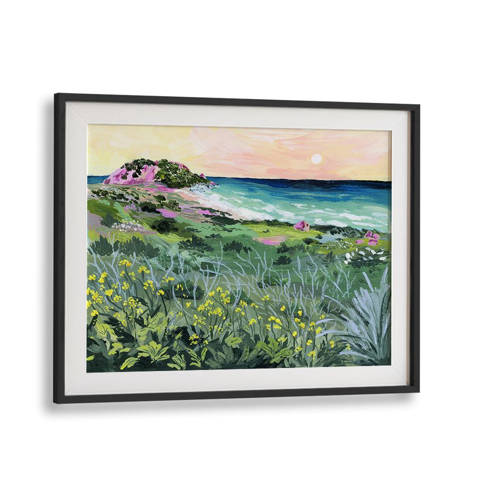 Elegant SUNSET ROCK, LANDSCAPE PAINTINGS by Sarah Gesek, showcasing vibrant nature in a framed art print.