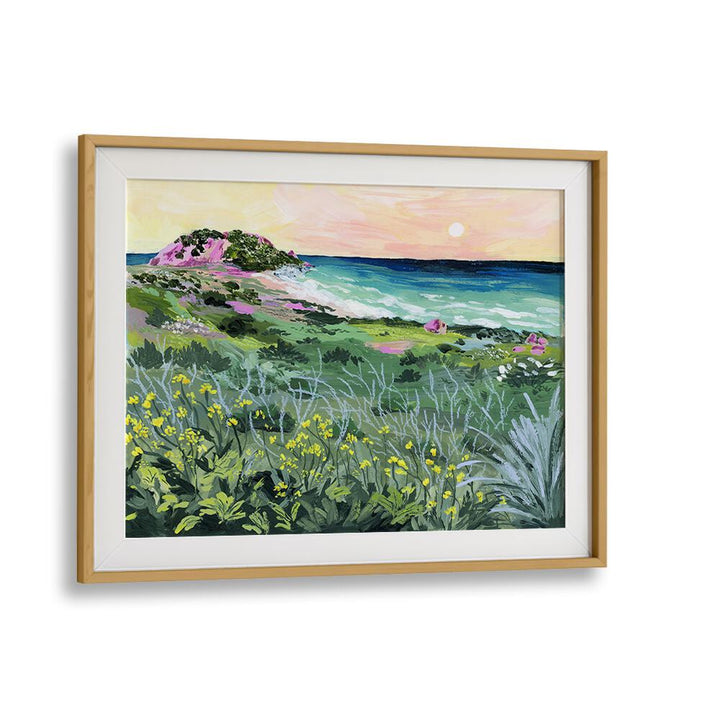 Vibrant landscape painting "SUNSET ROCK" by Sarah Gesek, framed art capturing nature's beauty in your home.