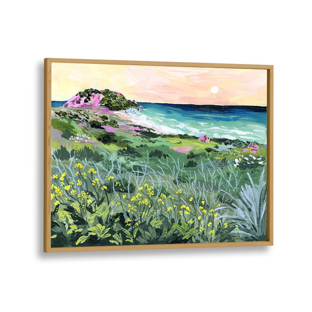 Vibrant SUNSET ROCK, LANDSCAPE PAINTINGS by Sarah Gesek, featuring a serene coastal scene in a stylish oak frame.