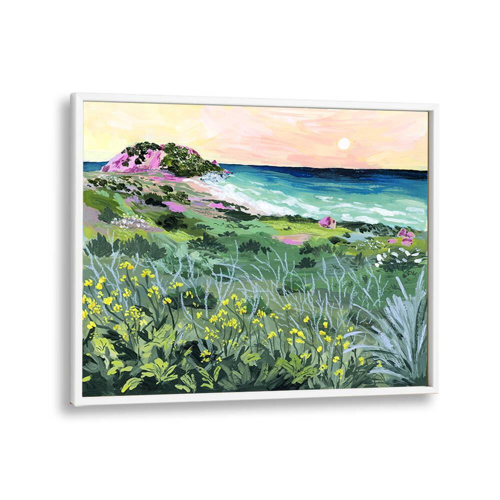 Vibrant landscape painting, "SUNSET ROCK," by Sarah Gesek, showcasing nature's beauty in a stunning art print.