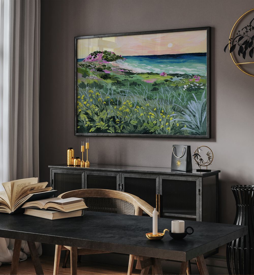Vibrant SUNSET ROCK, LANDSCAPE PAINTINGS by Sarah Gesek elevate your space with nature's beauty on premium canvas.