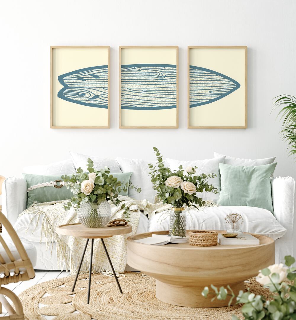 Add a coastal vibe to your home with SURF BOARD ARTWORKS, SET OF 3 PAINTINGS featuring stunning surfboard designs.