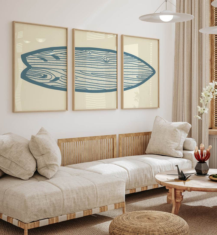Elevate your decor with SURF BOARD ARTWORKS, SET OF 3 PAINTINGS, showcasing vibrant surfboard designs.