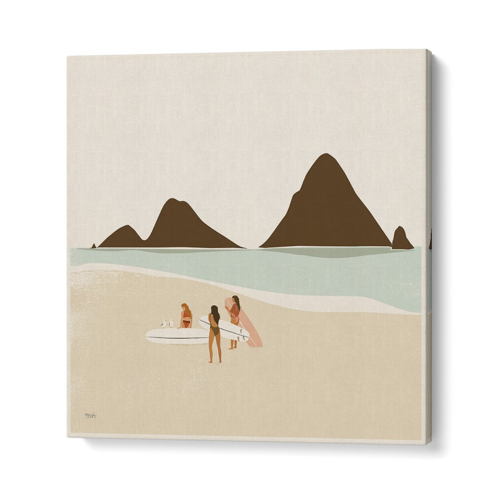 Colorful Surf Club, Beach Paintings by Andi Bell showcase beach life with surfers and picturesque mountains.