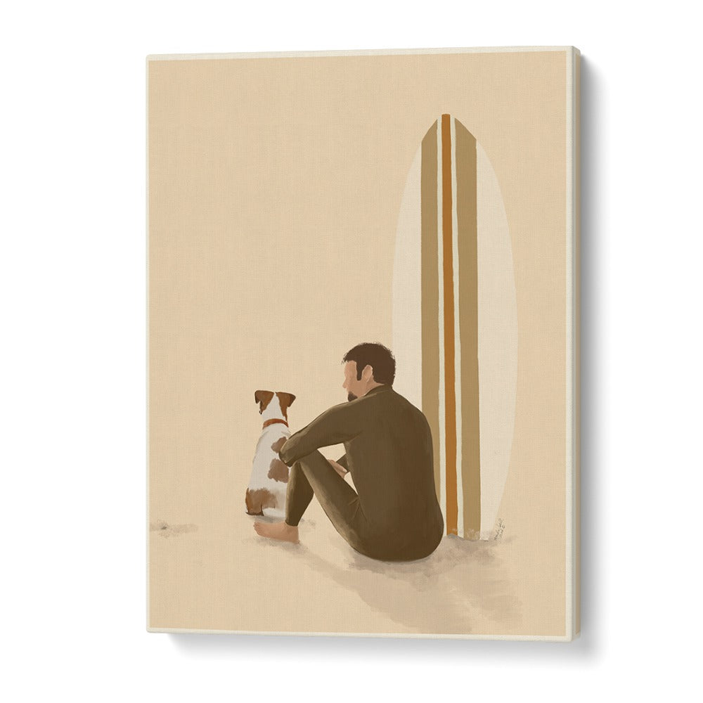 Relaxing scene with a surfer and dog, capturing the essence of SURF TEAM, BEACH PAINTINGS by Andi Bell.