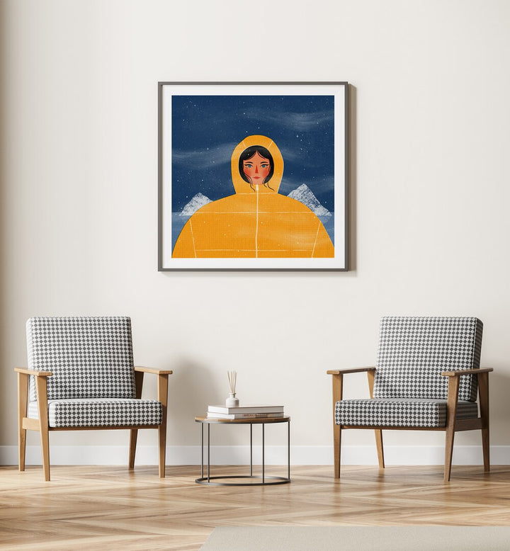 SVALBARD GIRL by Julia Leister showcases a vibrant illustration featuring a girl in a yellow coat against a snowy backdrop.