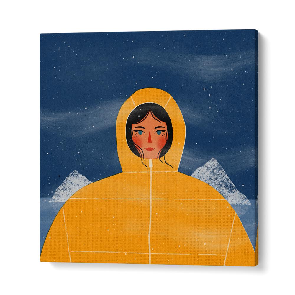 Stunning SVALBARD GIRL illustration by Julia Leister, featuring a woman in a yellow coat against a night sky backdrop.