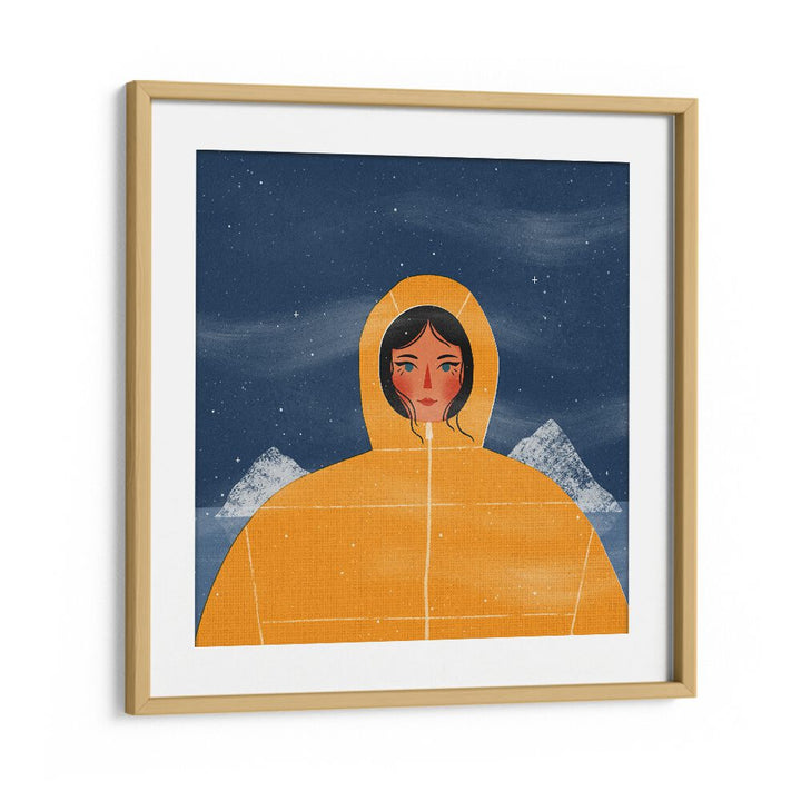 Captivating SVALBARD GIRL illustration by Julia Leister, framed in oak, showcasing Arctic beauty and artistry.