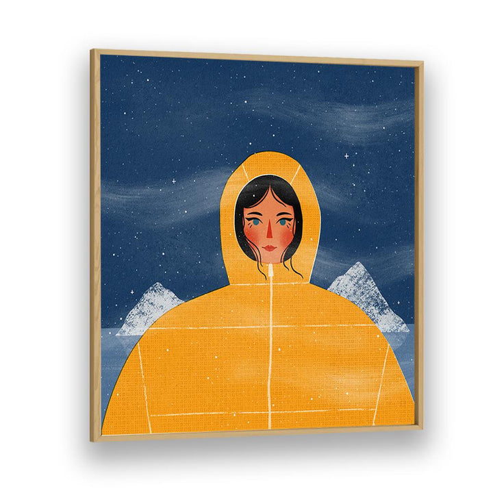 SVALBARD GIRL by Julia Leister features a woman in a yellow coat, set against a starry night sky and mountains.
