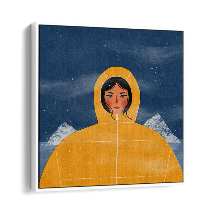 Captivating SVALBARD GIRL illustration by Julia Leister, showcasing a woman in a yellow coat against a starry backdrop.