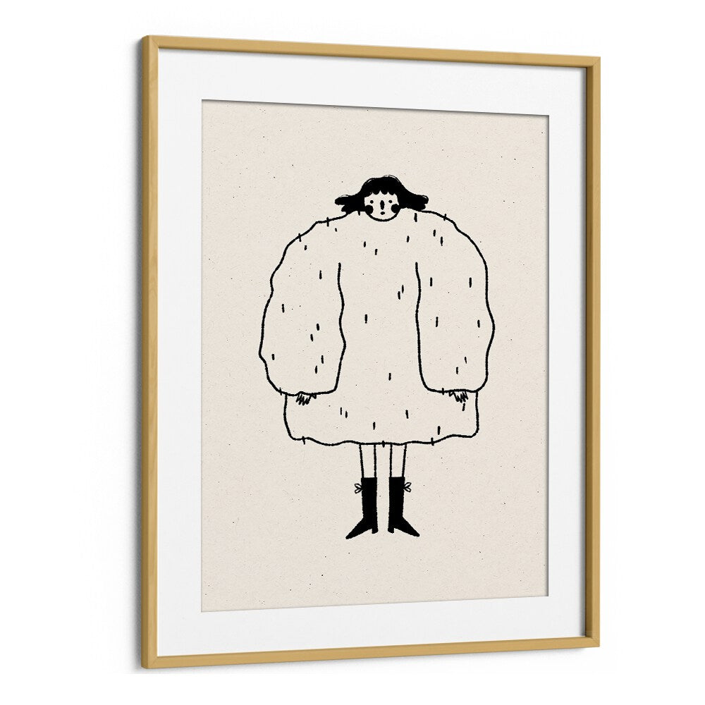 Cozy "SWEATER WEATHER" wall art prints by Julia Leister, featuring a whimsical figure in a fluffy coat, framed in oak.
