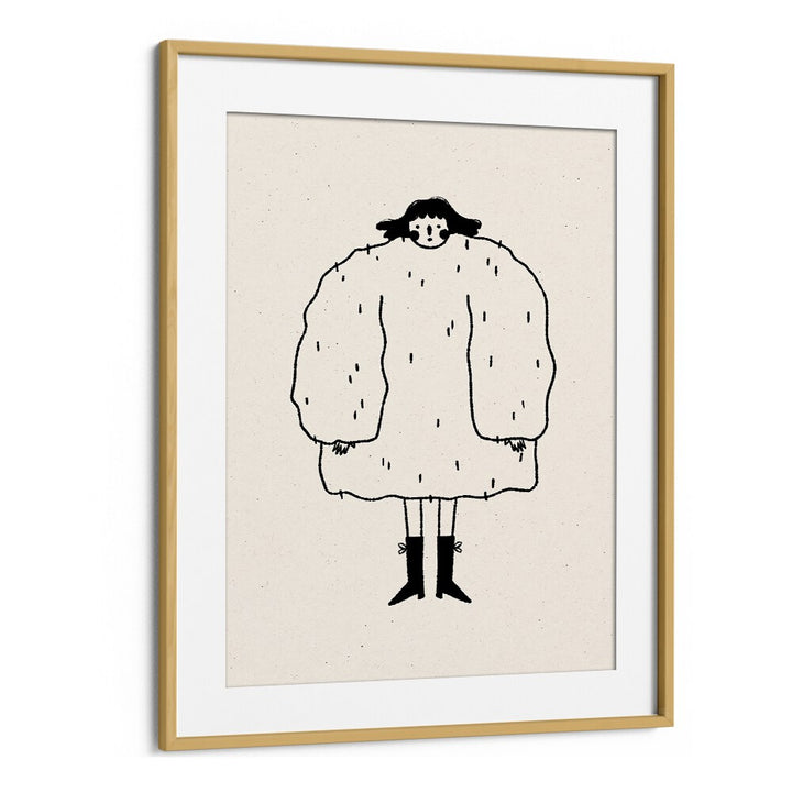 Cozy "SWEATER WEATHER" wall art prints by Julia Leister, featuring a whimsical figure in a fluffy coat, framed in oak.