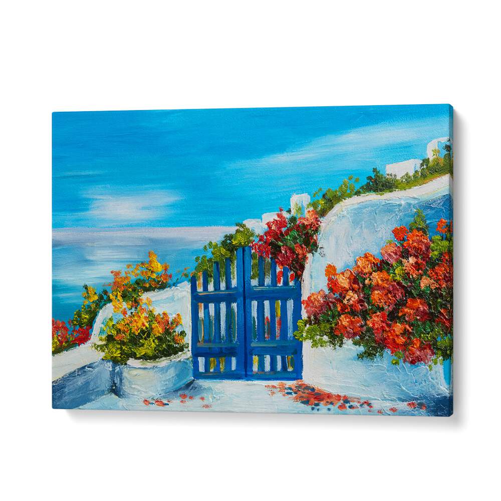 Brightly colored vintage European painting featuring a blue gate and vibrant flowers, part of the SWEET SANCTUARY collection.