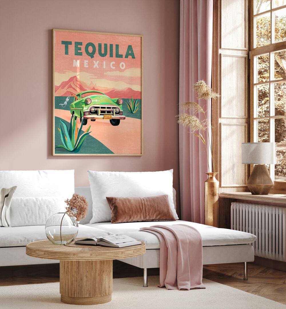 Vibrant TEQUILA MEXICO, TRAVEL POSTERS showcasing a classic car and stunning landscapes, perfect for home decor.