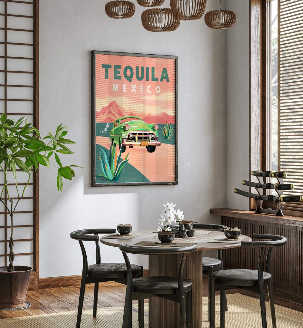 Vibrant TEQUILA MEXICO ,TRAVEL POSTERS showcasing a classic car against a stunning desert backdrop. Perfect for decor!