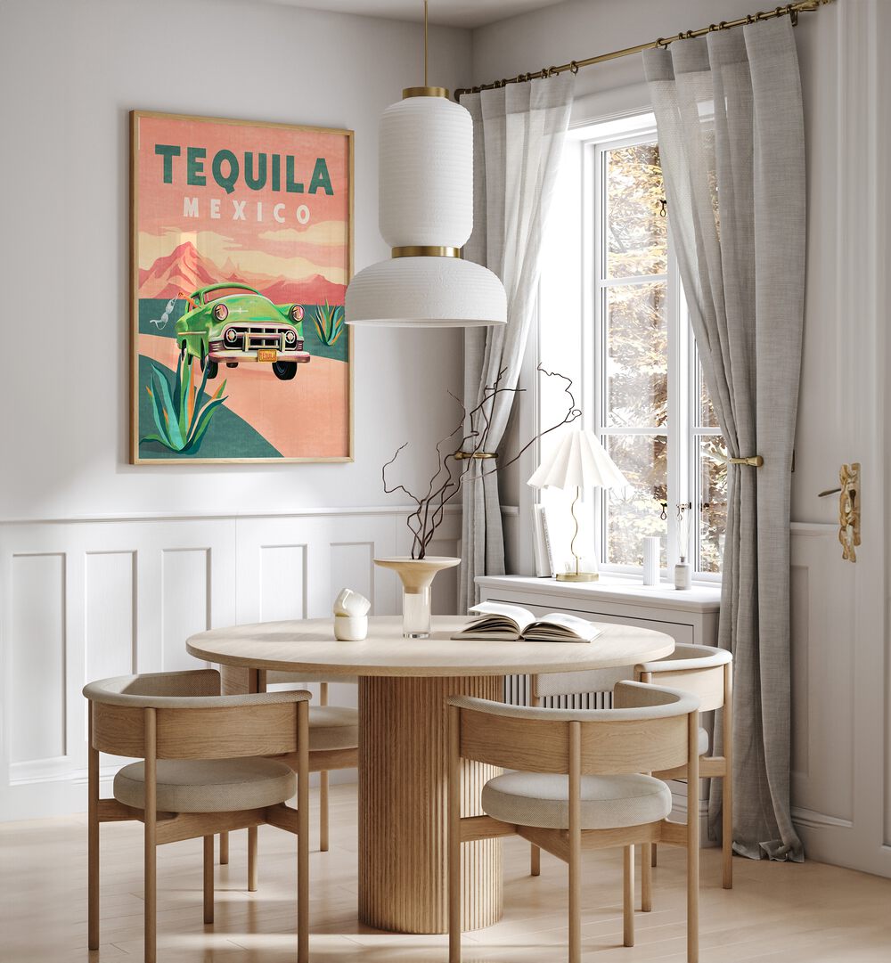 Colorful TEQUILA MEXICO, TRAVEL POSTERS enhance a modern dining space, celebrating Mexico's vibrant culture and heritage.