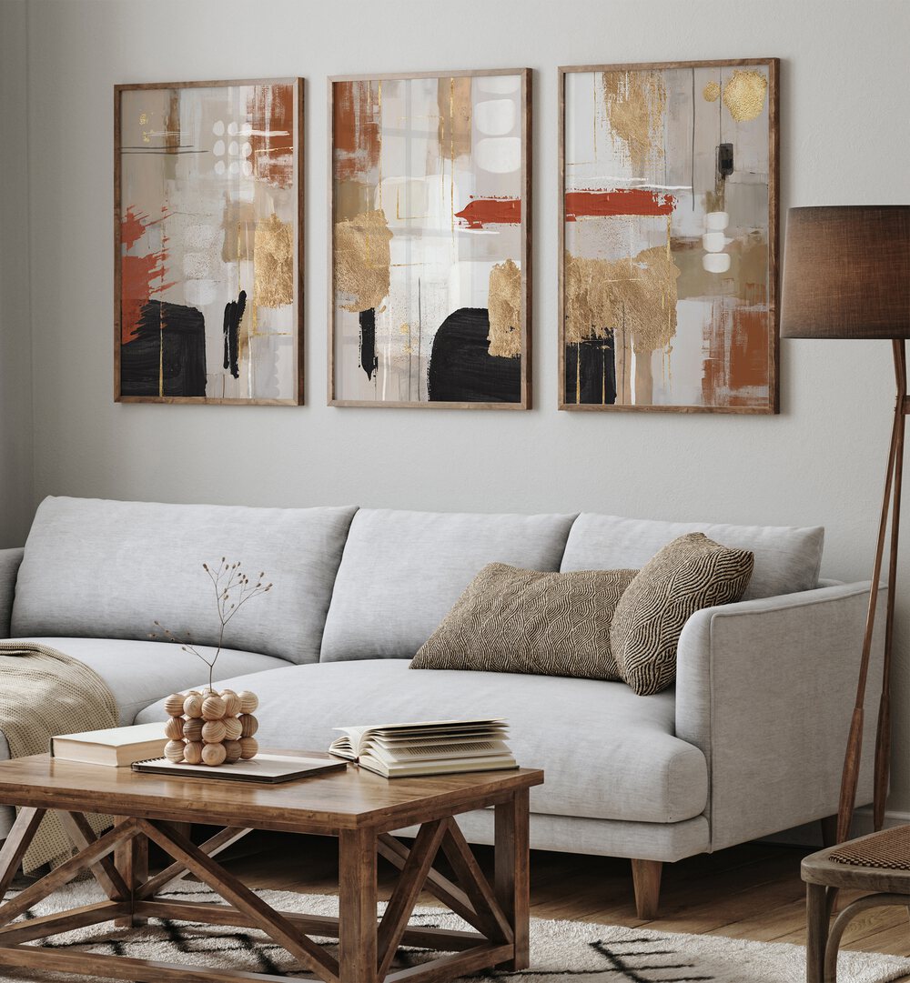 Elevate your decor with the TERRACCOTTA CHAOS SET, SET OF 3 PAINTINGS showcasing vibrant contemporary art.