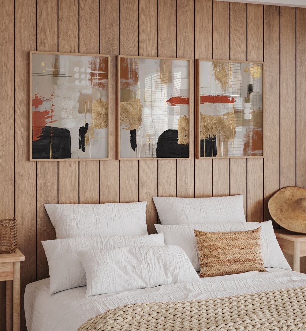 Elegant living room featuring the TERRACCOTTA CHAOS SET, SET OF 3 PAINTINGS, enhancing contemporary decor with vibrant art.