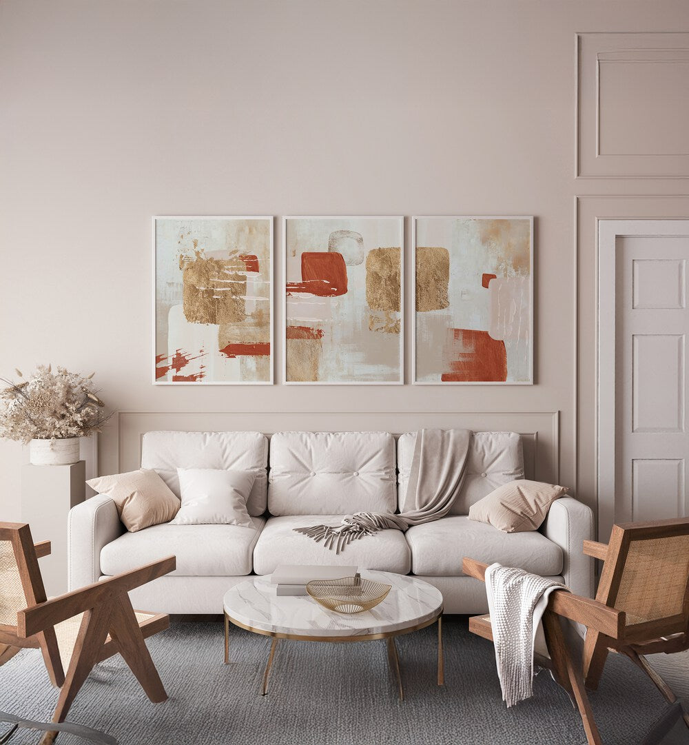 Transform your space with the TERRACOTTA AUTUMN SET, SET OF 3 PAINTINGS, showcasing rich autumn hues and designs.