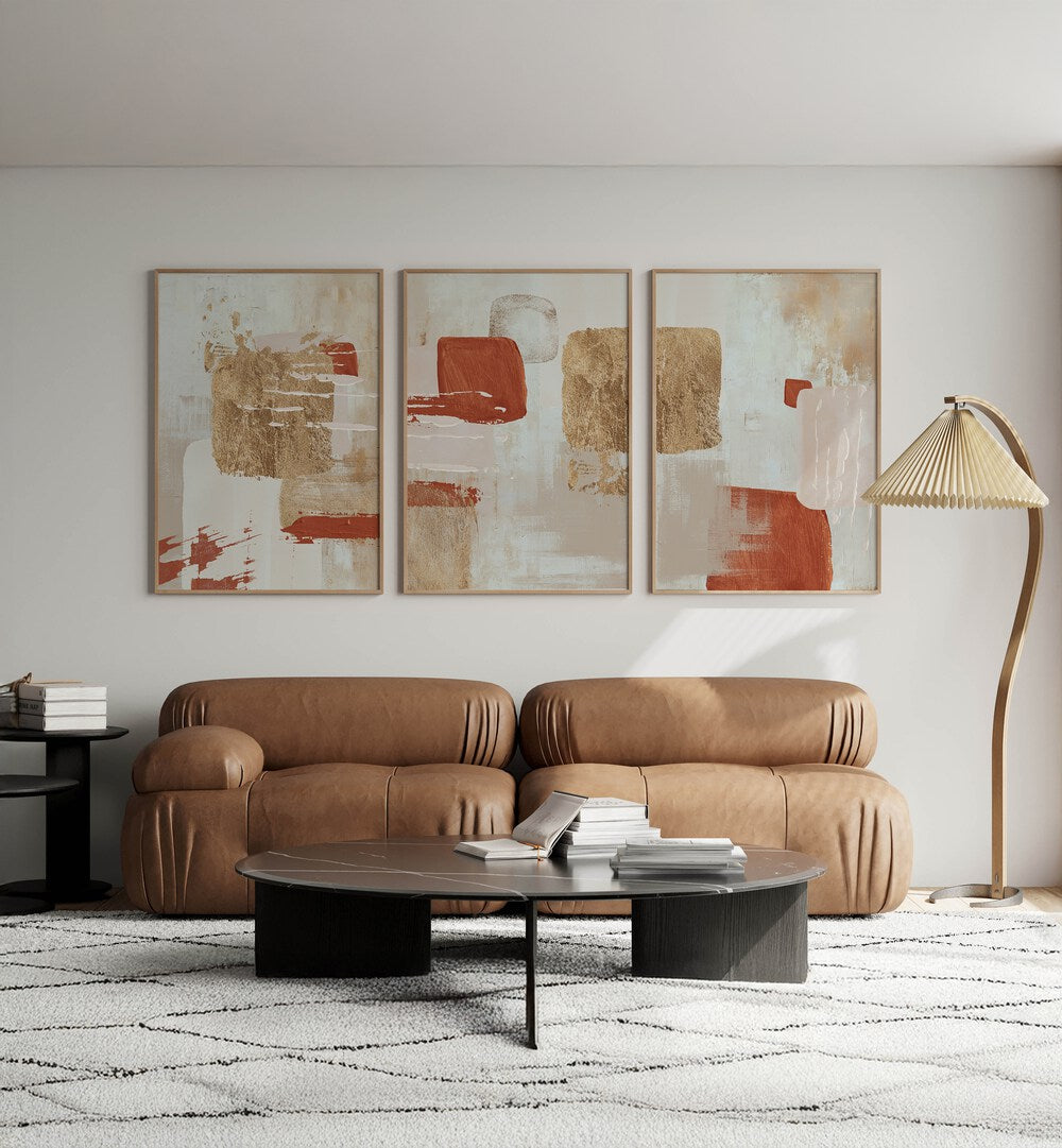 Elevate your decor with the TERRACOTTA AUTUMN SET, SET OF 3 PAINTINGS featuring rich autumnal hues and designs.