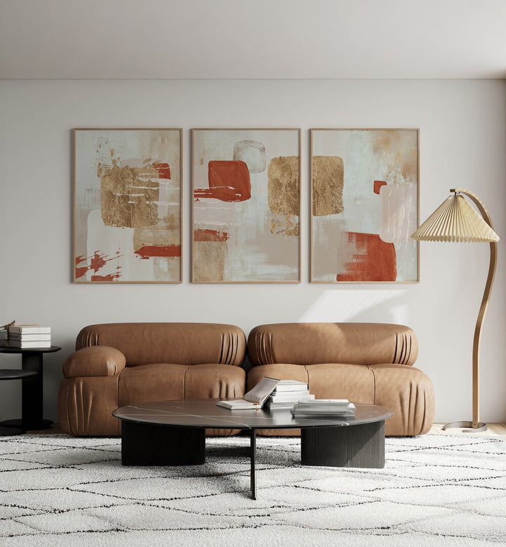 Elevate your decor with the TERRACOTTA AUTUMN SET, SET OF 3 PAINTINGS featuring rich autumnal hues and designs.
