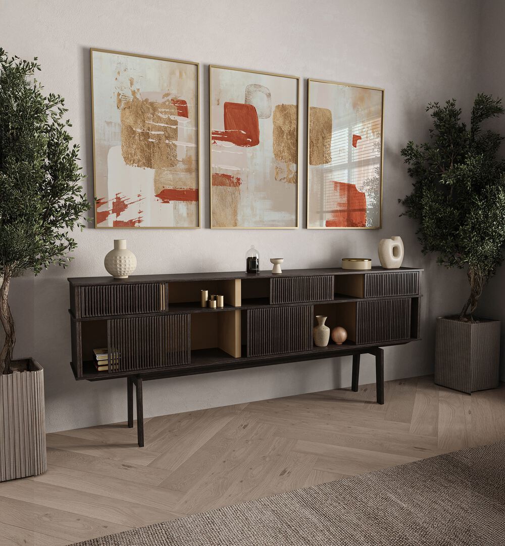 Stylish living room featuring the TERRACOTTA AUTUMN SET, SET OF 3 PAINTINGS, enhancing the cozy autumn ambiance.