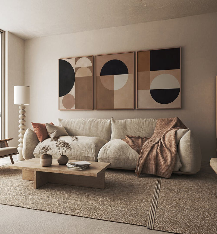 Transform your space with the TERRA SHAPES SET, SET OF 3 PAINTINGS featuring modern, earthy abstract designs.