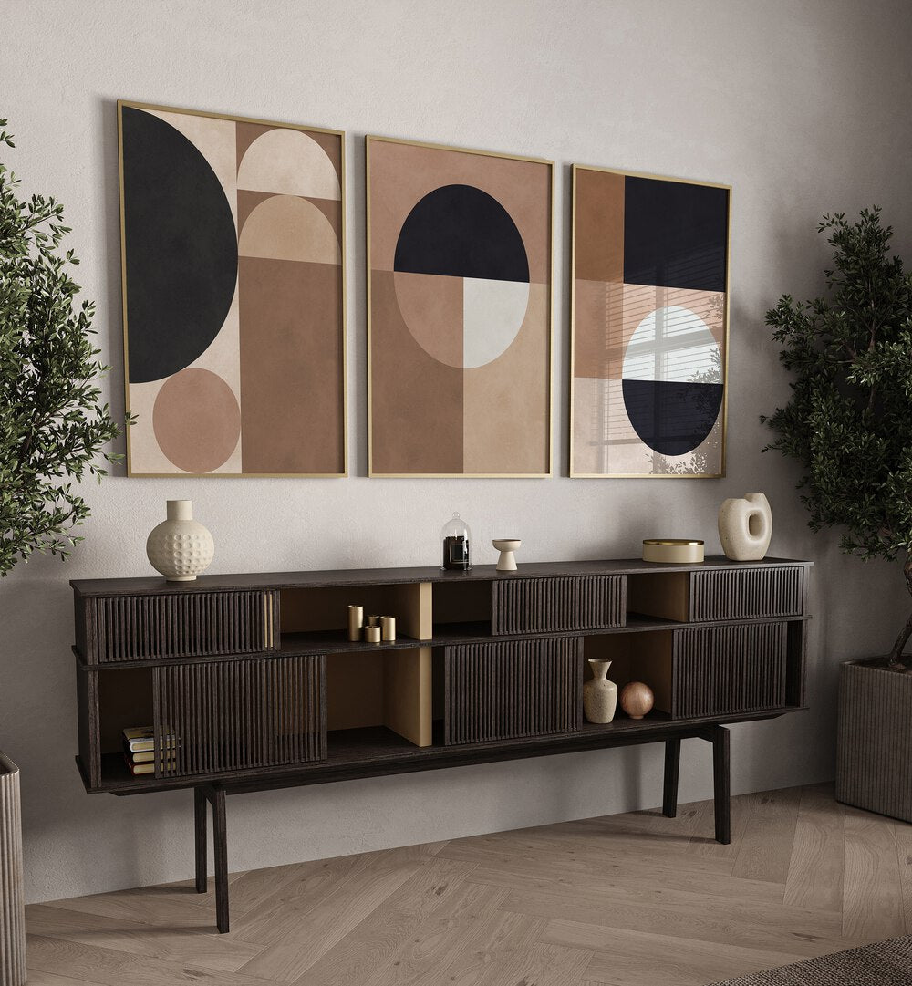 Enhance your space with the TERRA SHAPES SET, SET OF 3 PAINTINGS, featuring earthy tones and modern designs.