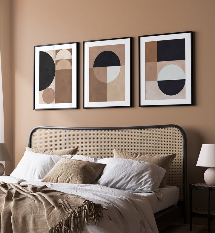 Stylish TERRA SHAPES SET, SET OF 3 PAINTINGS brings earthy warmth to modern interiors with abstract designs.