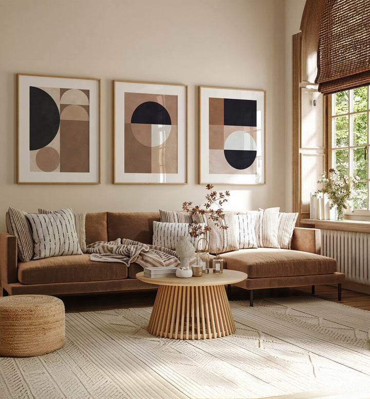 Elevate your decor with the TERRA SHAPES SET, SET OF 3 PAINTINGS, showcasing earthy tones and modern designs.