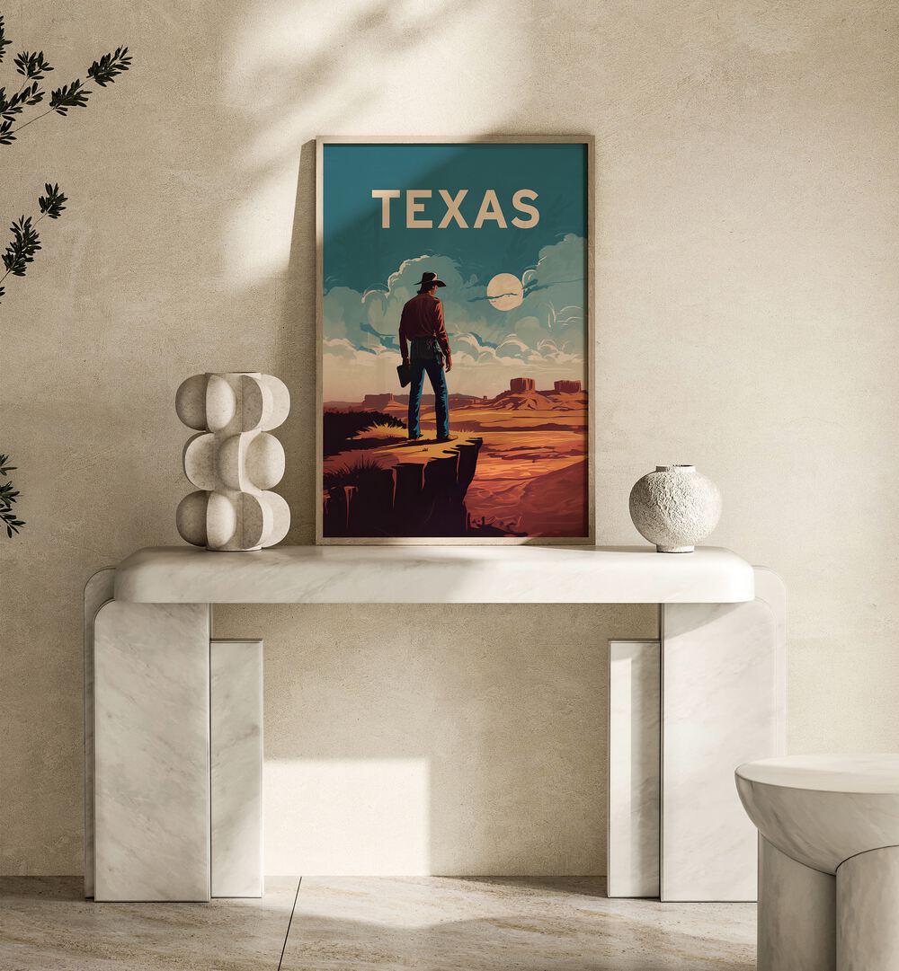 Vibrant TEXAS, COWBOY poster by Andreas Magnusson, showcasing the Lone Star State's rich culture and landscapes.