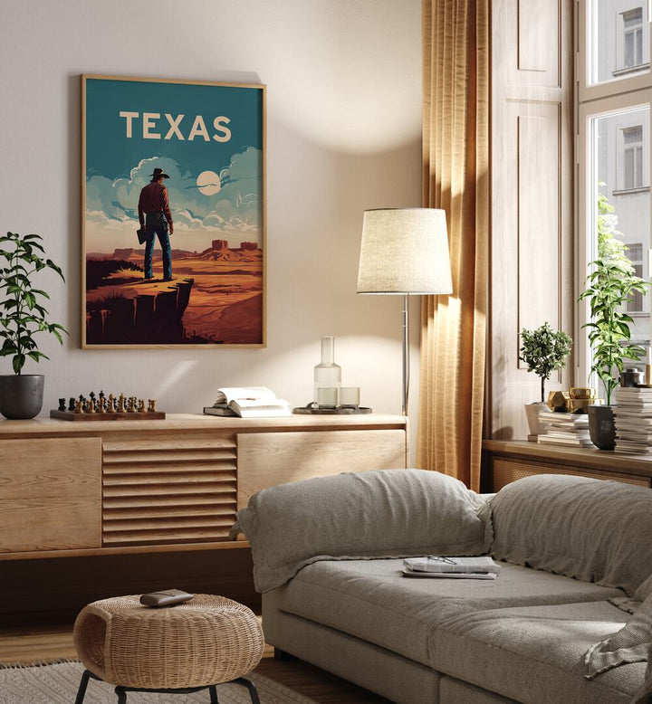 Stylish TEXAS, COWBOY travel poster by Andreas Magnusson, capturing the essence of the Lone Star State's charm.