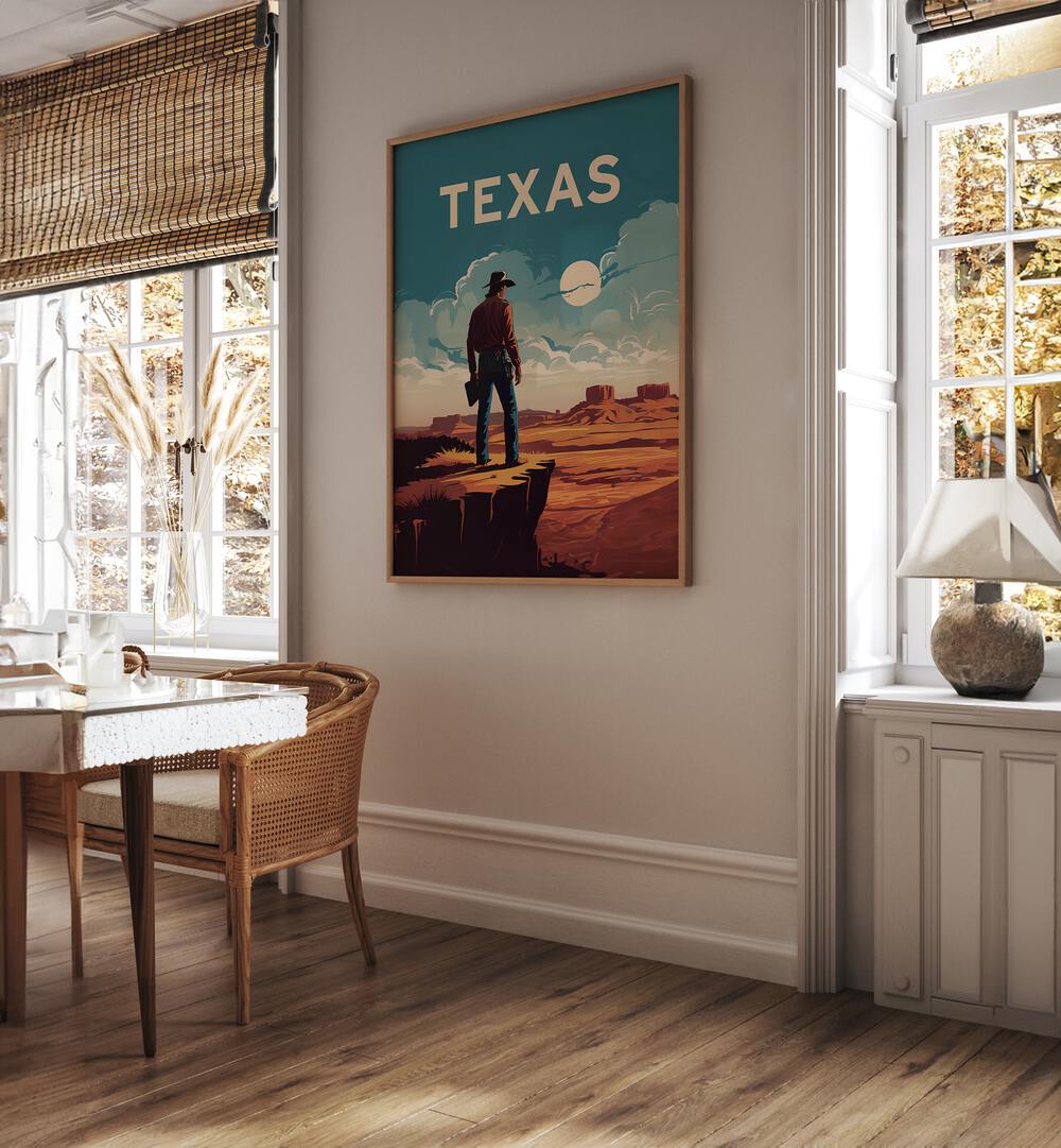 TEXAS, COWBOY travel poster by Andreas Magnusson, showcasing the Lone Star State's stunning landscapes and culture.