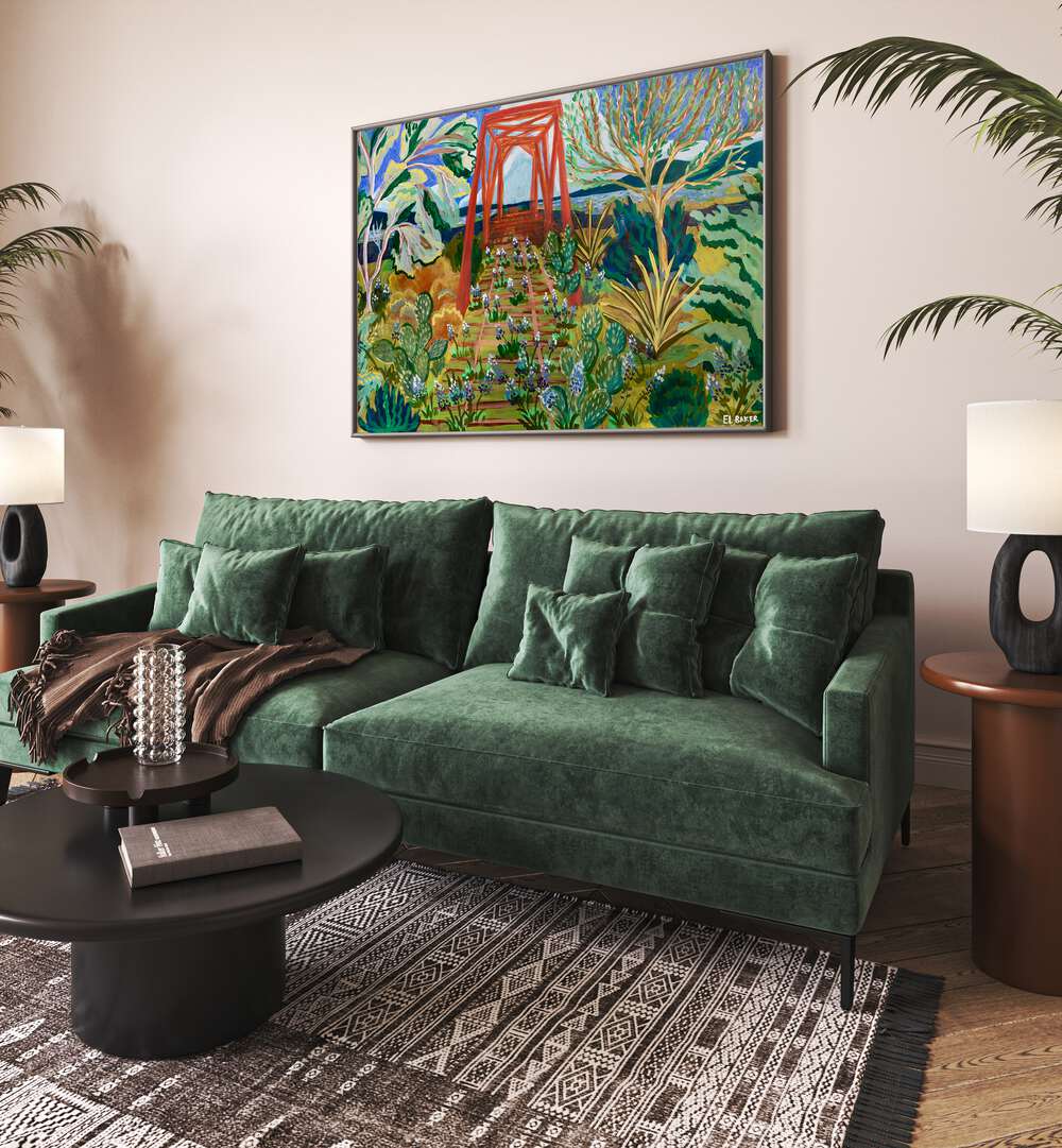 Vibrant TEXAS HILL COUNTRY BRIDGE, LANDSCAPE PAINTINGS showcasing Texas's enchanting beauty in a stylish living room setting.