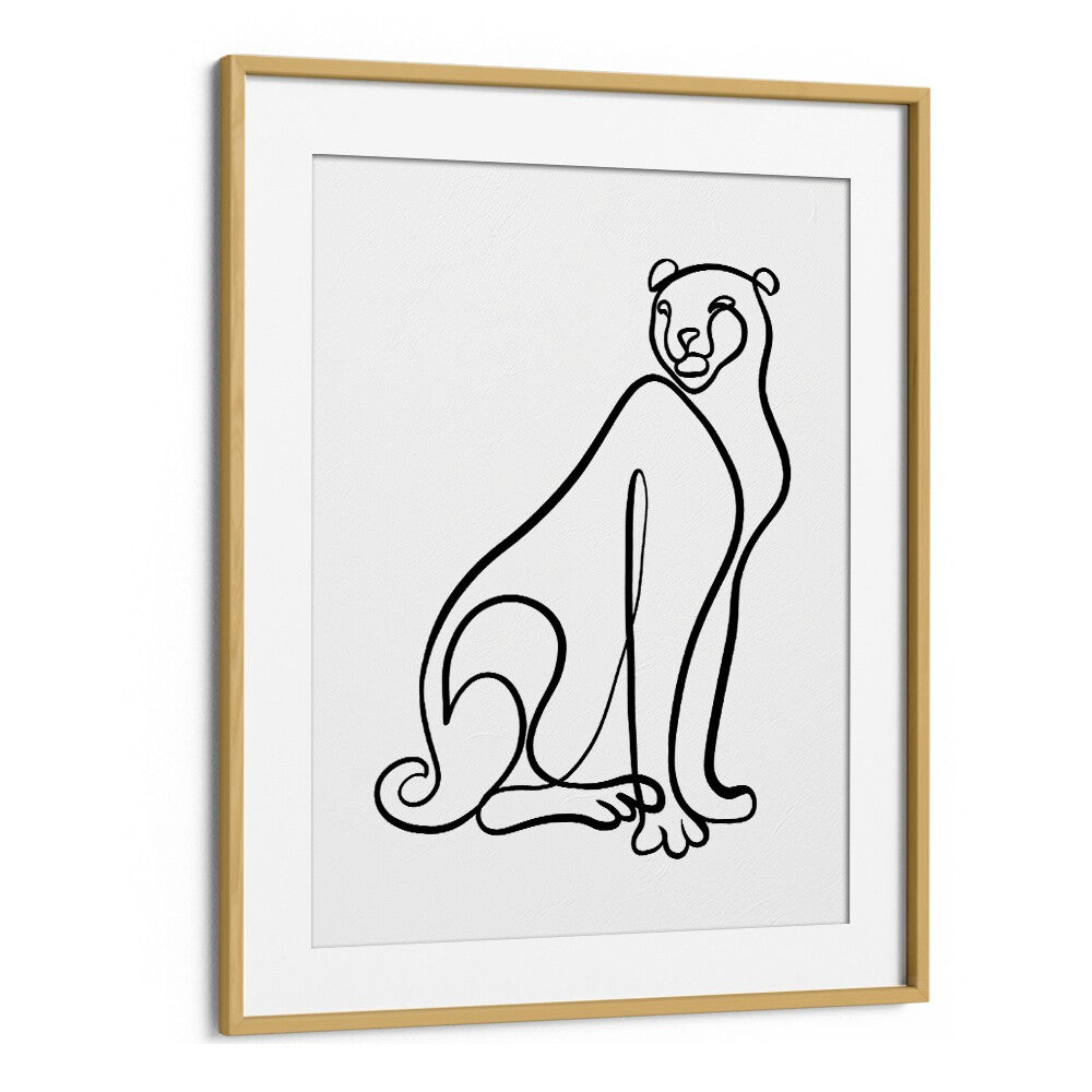 Elegant line art of a cheetah in an oak frame, showcasing THE CHEETAH, LINE ART PAINTINGS for your decor.