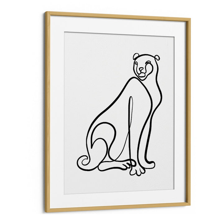 Elegant line art of a cheetah in an oak frame, showcasing THE CHEETAH, LINE ART PAINTINGS for your decor.