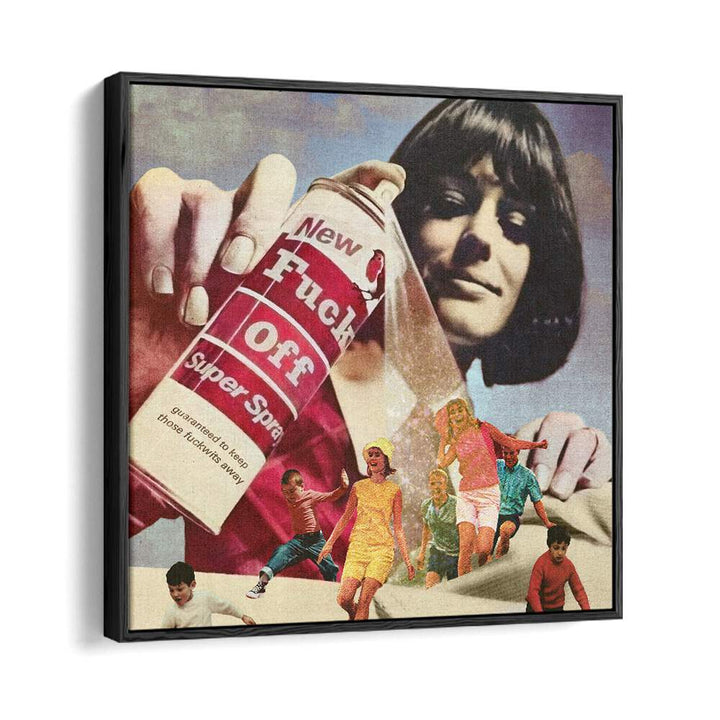 THE F OFF SUPER SPRAY, SURREAL ART PRINTS showcasing vibrant colors and playful imagery on a sleek black floater frame.