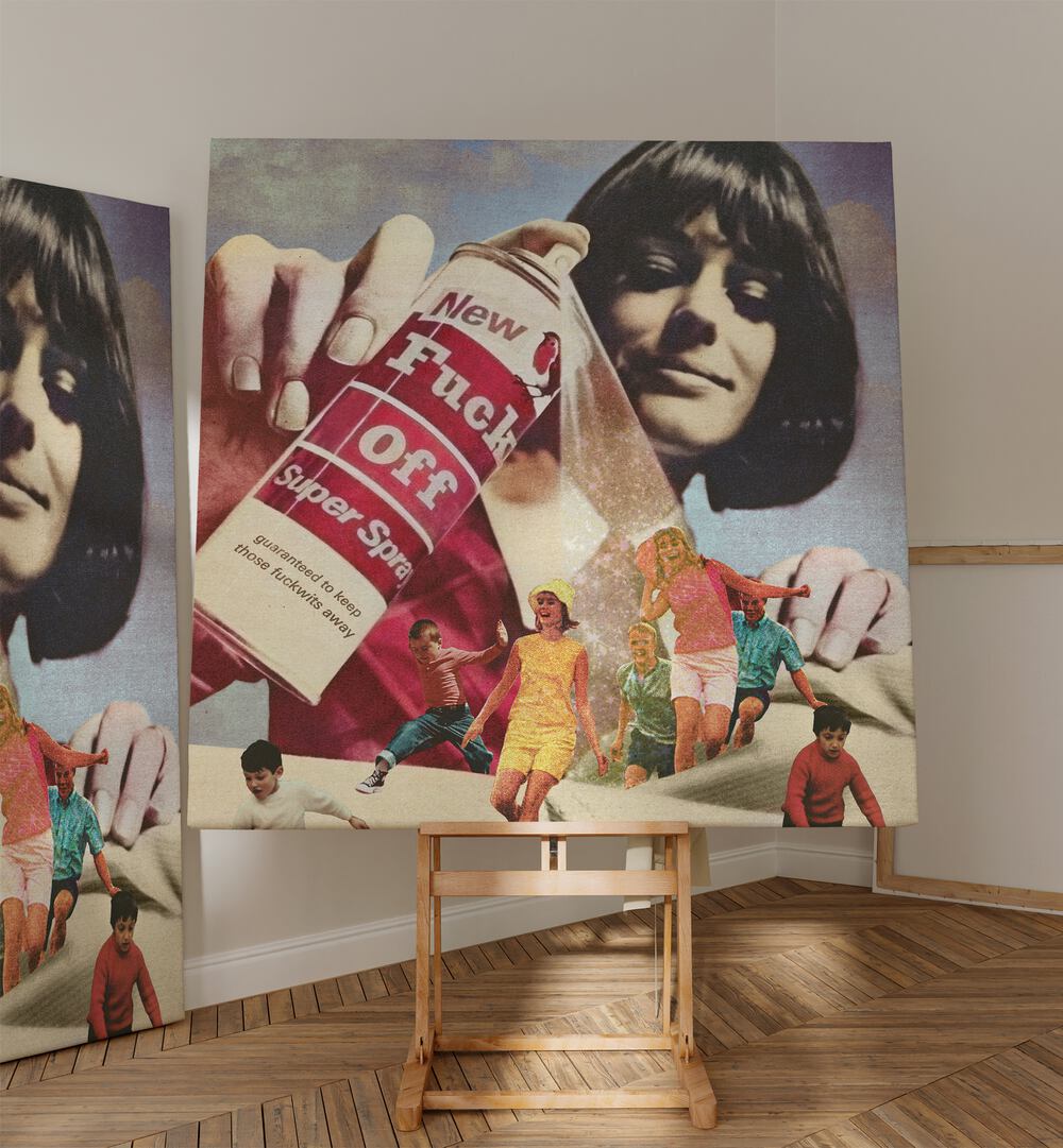 Colorful surreal art print featuring "THE F OFF SUPER SPRAY," showcasing creativity by Vertigo Artography.