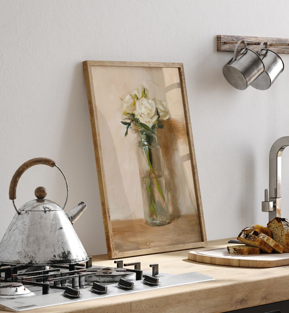 Beautifully framed, THE GRACE OF WHITE ROSE, VINTAGE PAINTINGS enhances any space with its elegant floral charm.