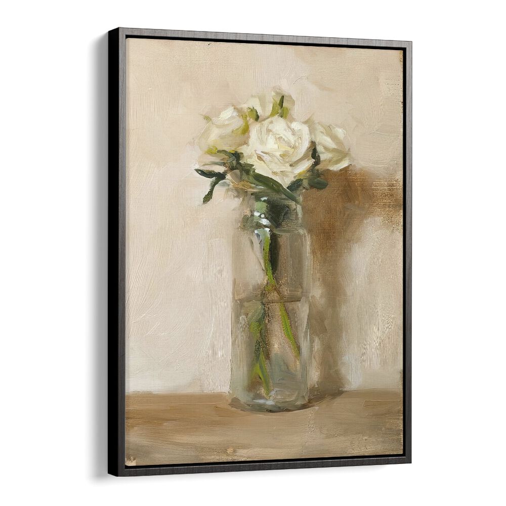 Elegant vintage painting, "THE GRACE OF WHITE ROSE, VINTAGE PAINTINGS," showcasing a white rose in a glass vase.