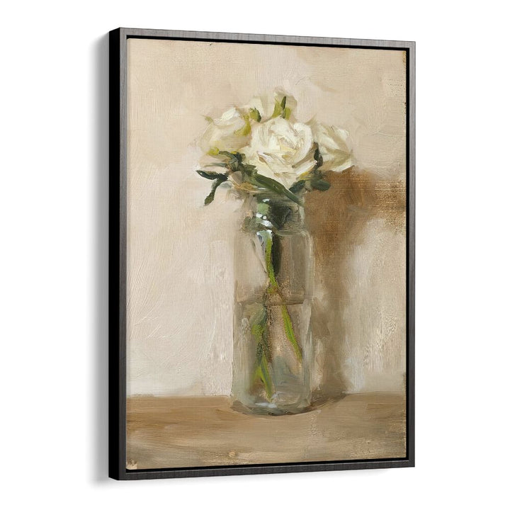 Elegant vintage painting, "THE GRACE OF WHITE ROSE, VINTAGE PAINTINGS," showcasing a white rose in a glass vase.