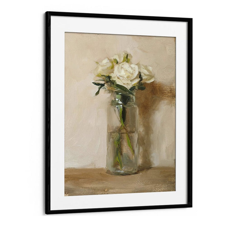 Elegant vintage painting, "THE GRACE OF WHITE ROSE, VINTAGE PAINTINGS," featuring a single white rose in a glass.