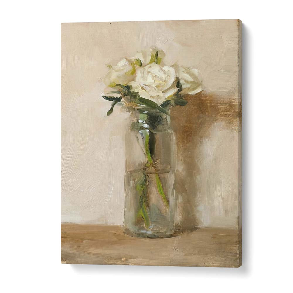 Delicate white rose in a glass vase, showcasing THE GRACE OF WHITE ROSE, VINTAGE PAINTINGS for elegant decor.