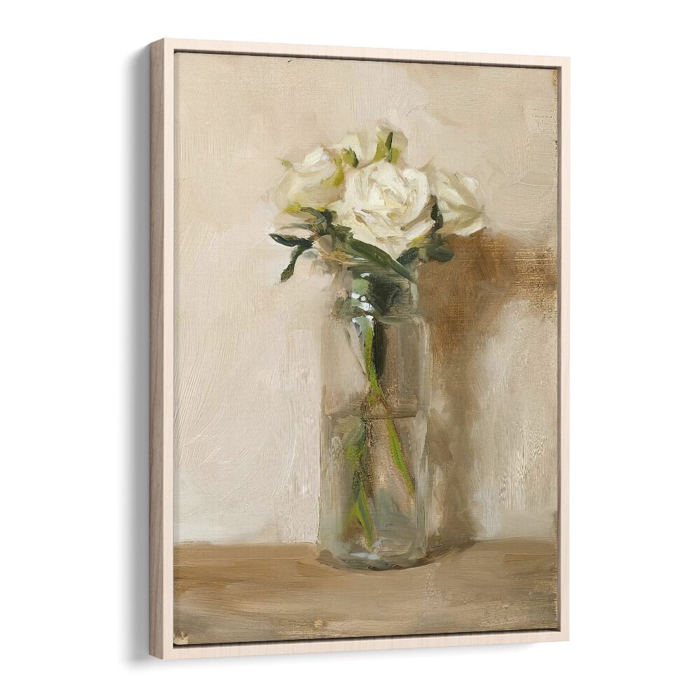 Delicate white roses in a glass vase featured in THE GRACE OF WHITE ROSE, VINTAGE PAINTINGS for timeless elegance.