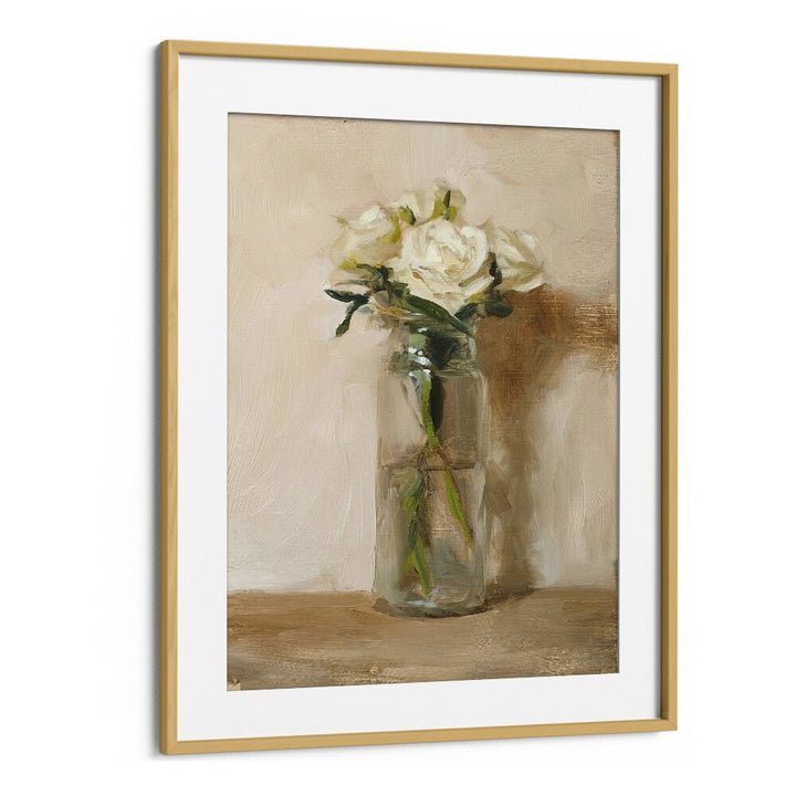 Delicate white rose in a jar, framed art piece, capturing the essence of THE GRACE OF WHITE ROSE, VINTAGE PAINTINGS.