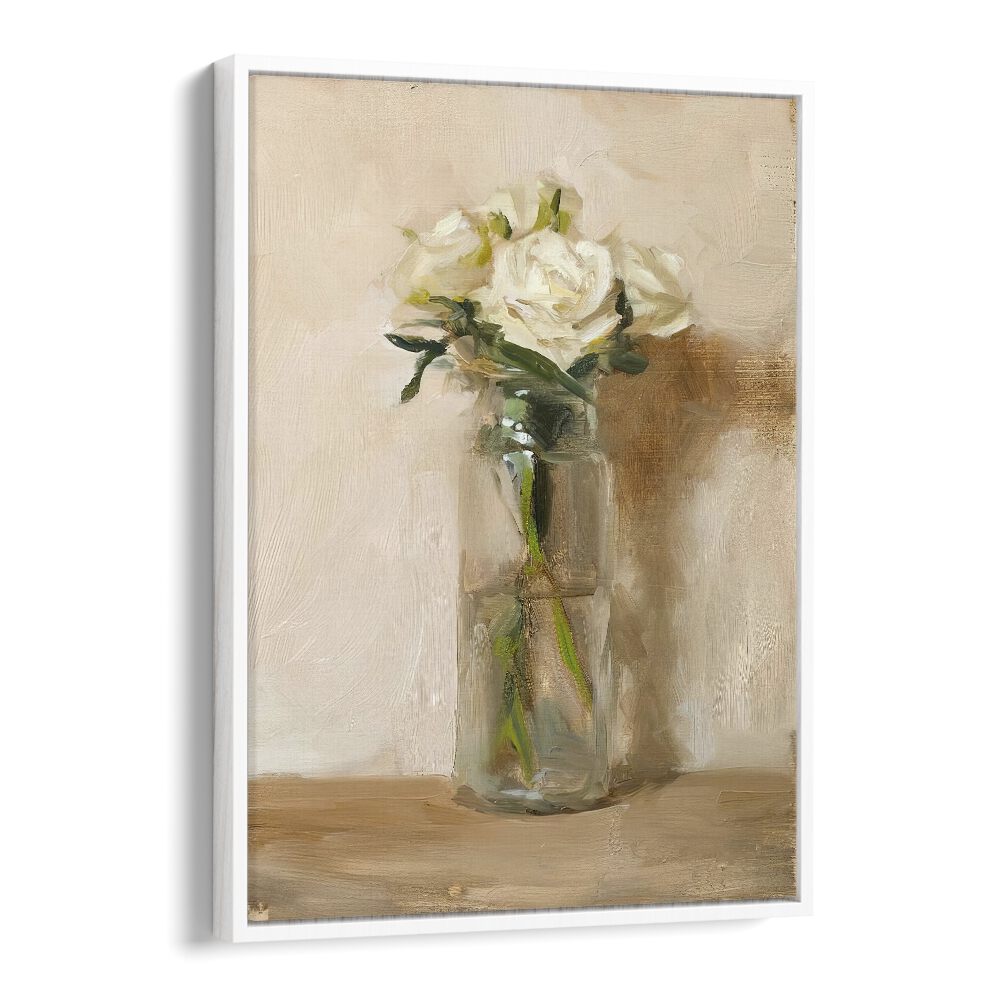 Delicate white rose in a glass, showcasing THE GRACE OF WHITE ROSE, VINTAGE PAINTINGS for elegant decor.