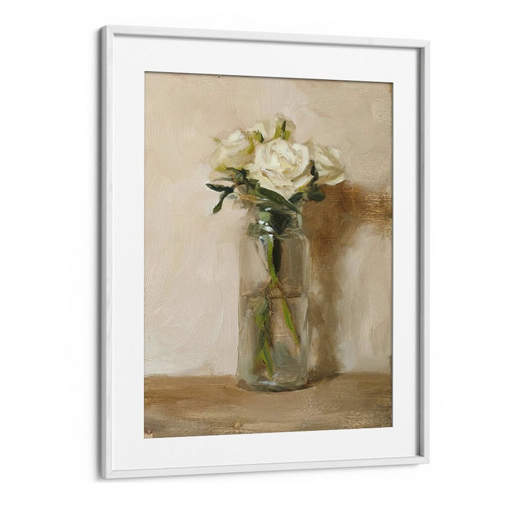 Elegant vintage painting featuring "THE GRACE OF WHITE ROSE, VINTAGE PAINTINGS" in a stylish white frame.